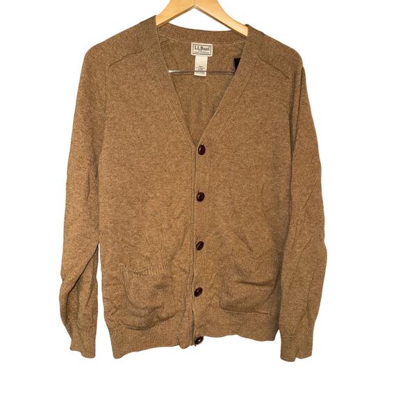 LL BEAN lambs wool cardigan sweater size M ACADEMIA leather buttons - Picture 1 of 4